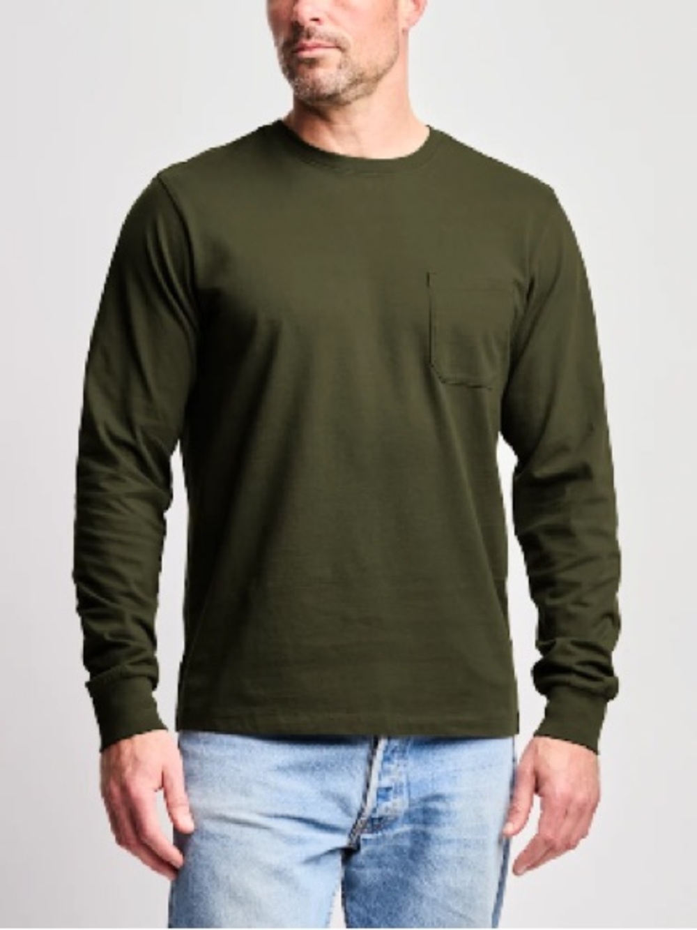 Men's Long-Sleeve Crew Neck Pocket Tee in Olive